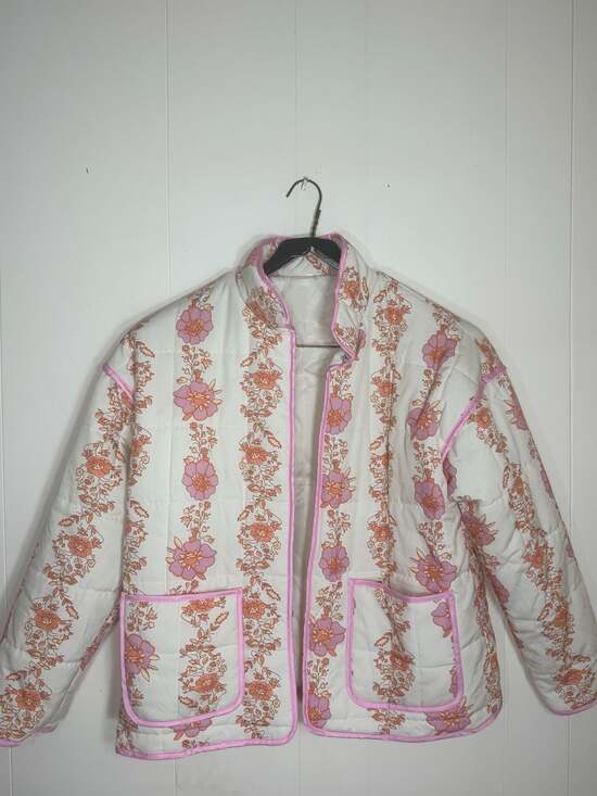 FASHION Jackets & Blazers - Women's Floral Print Quilted Lightweight Open Front Jacket with Pockets